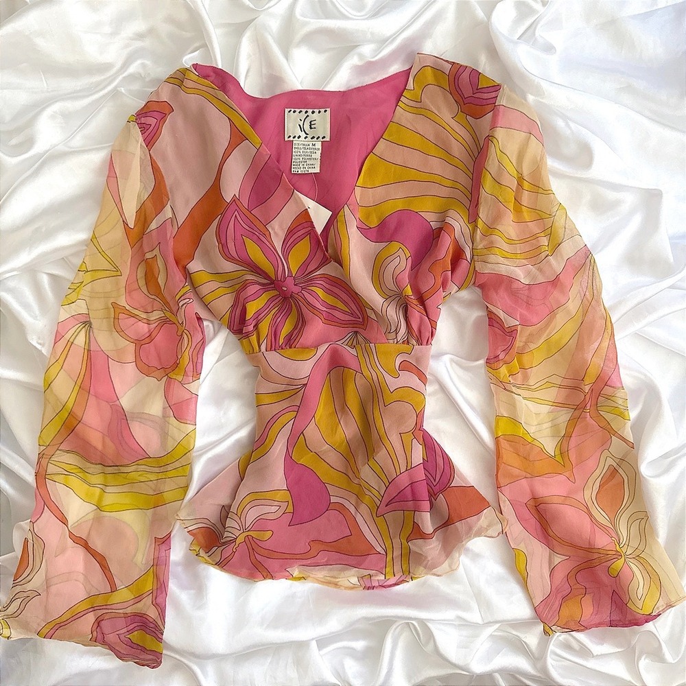 ICE Silk Chiffon Psychedelic Floral Blouse Pink Orange Yellow Bell Sleeve M